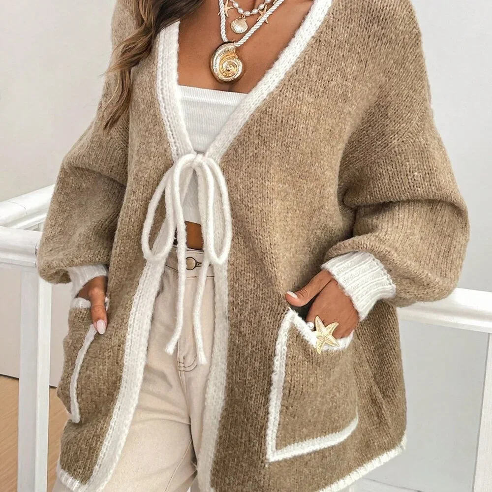 Khaki Casual Women's Loose Fit V-Neck Long Sleeve Cardigan - Picture 7 of 7